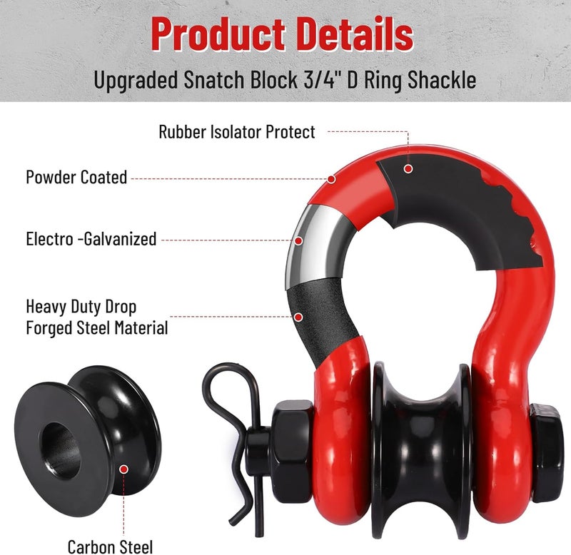Pilida 3/4" D Ring Shackle with Upgraded Snatch Blocks,57,000 lbs(28.5 Ton) Maximum Break Strength Heavy Duty Shackles with 7/8" Screw Pin for Tow Strap Winch Off Road Vehicle Recovery,2pack Red - Image 4